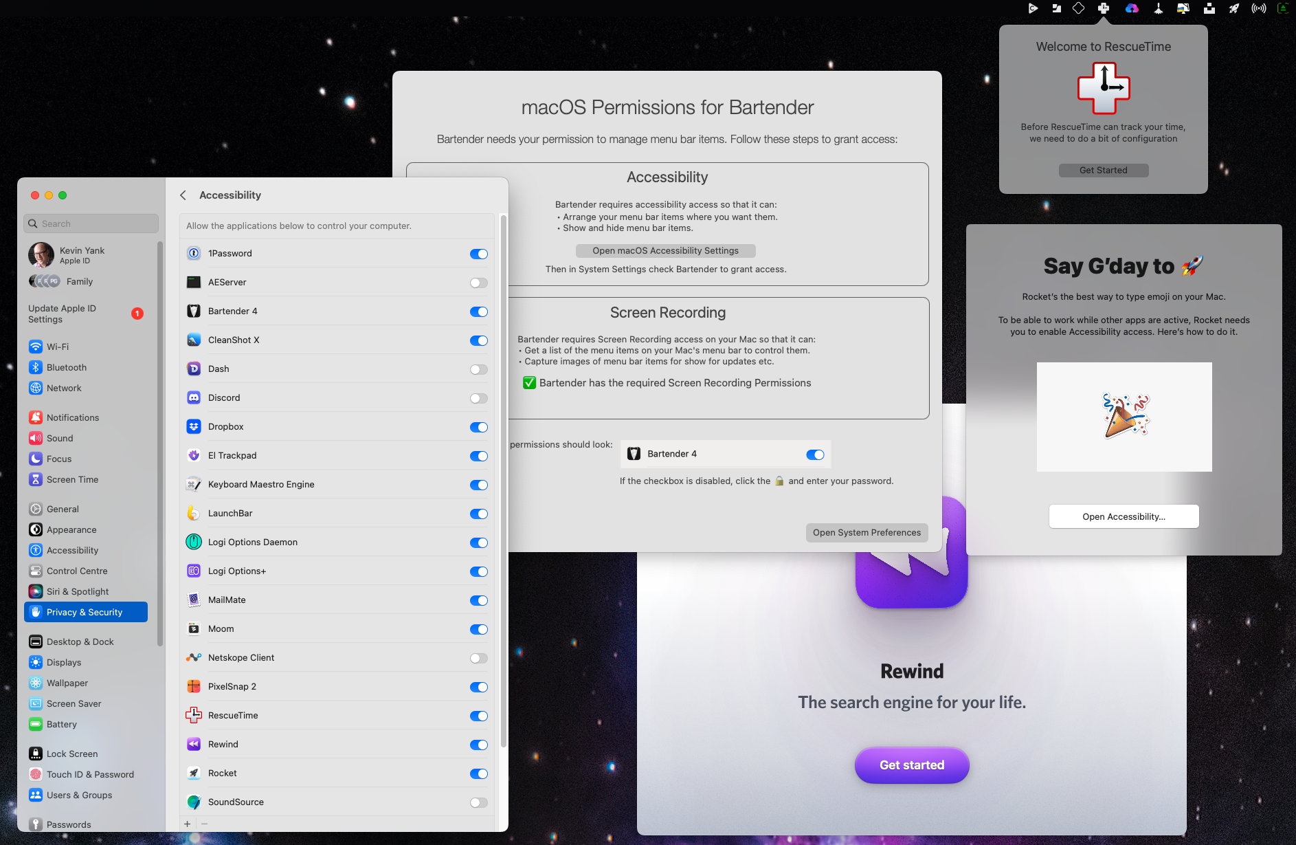 screenshot of macOS Settings showing Accessibility access is enabled for Bartender, Rewind, Rocket, and RescueTime, all of which are nevertheless showing prompts requesting this access