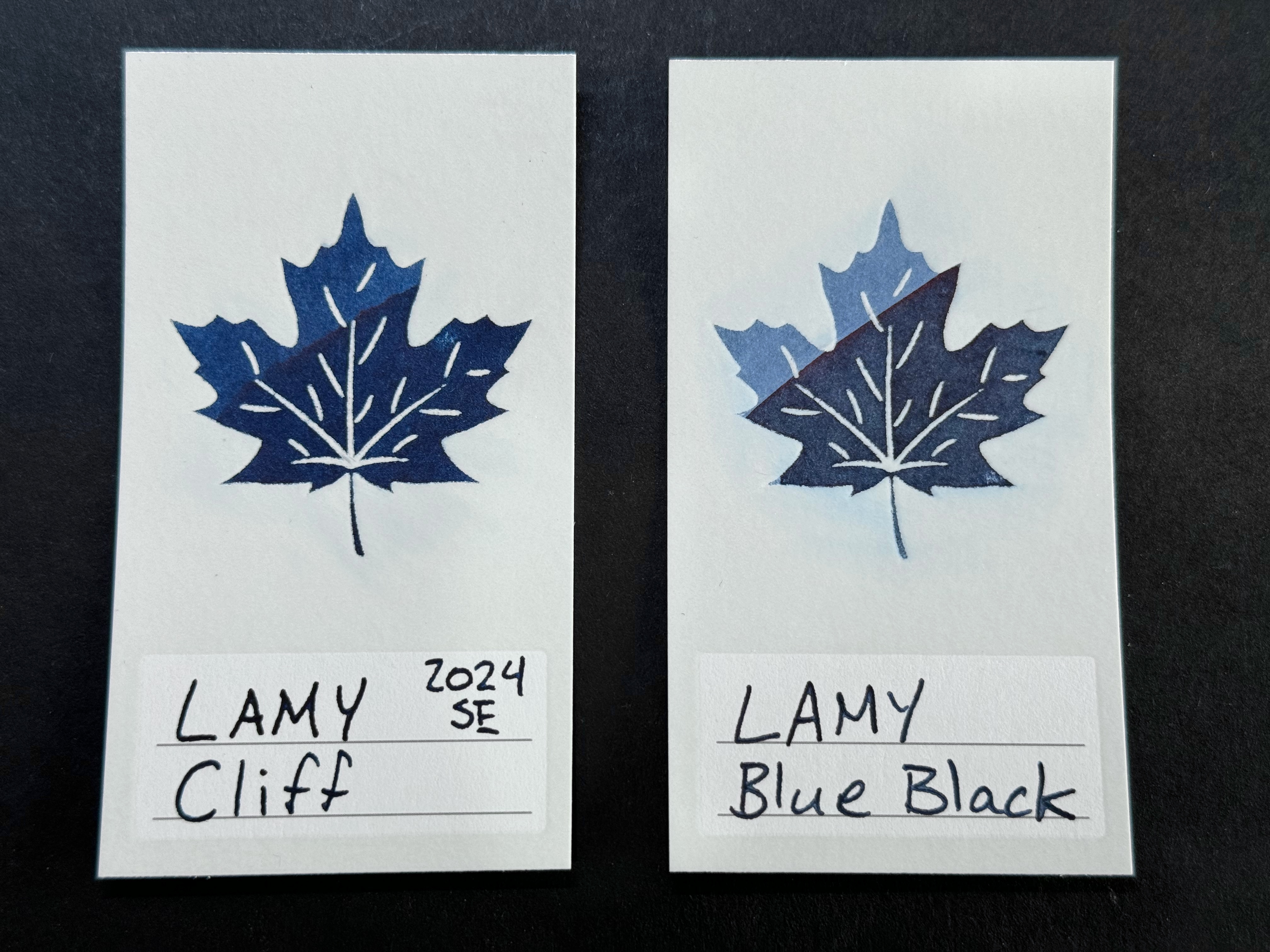 two ink swatches: a saturated blue labeled 