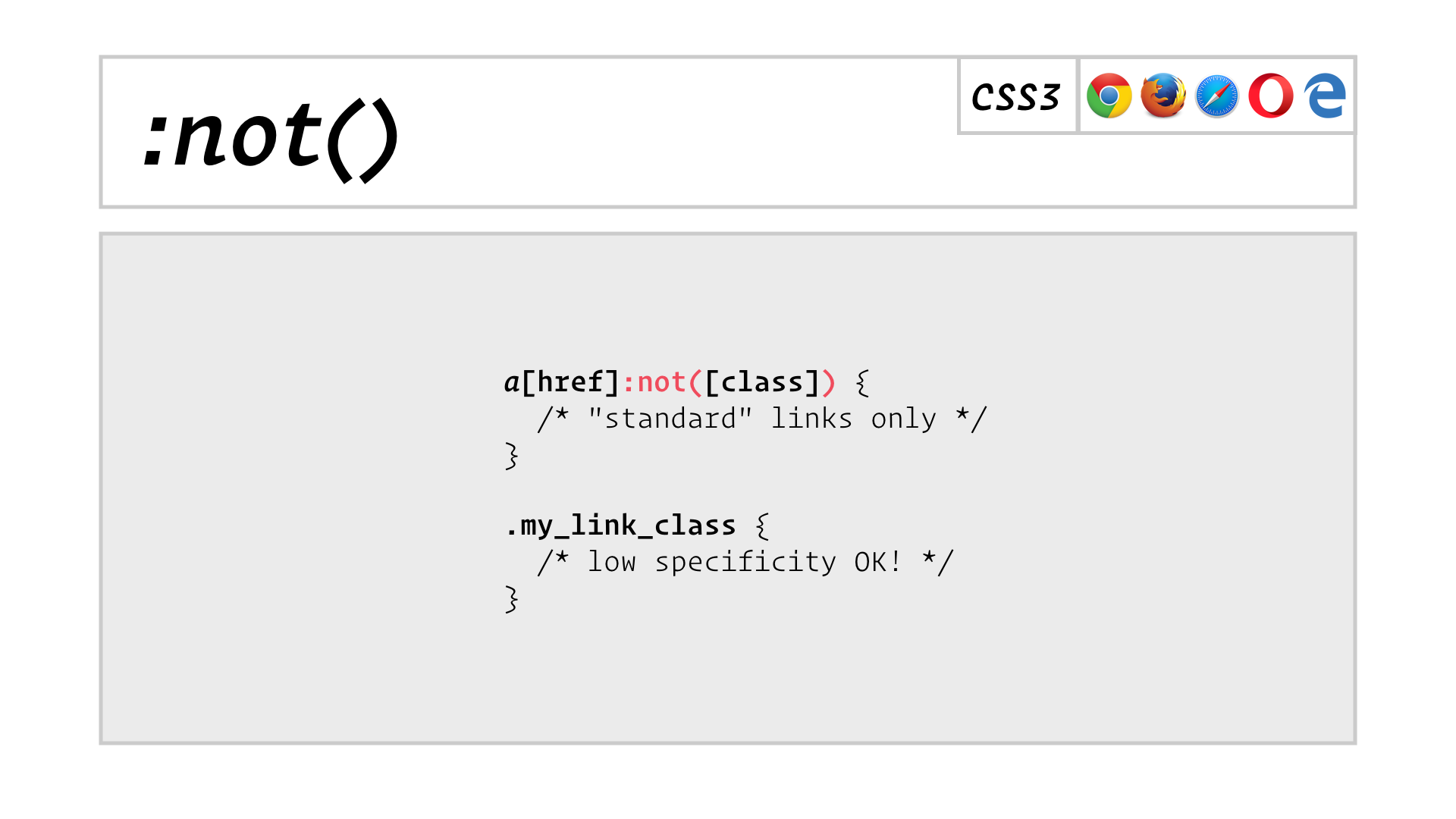slide: a[href]:not([class]) matches standard links only, .my_link_class can then match links with a class