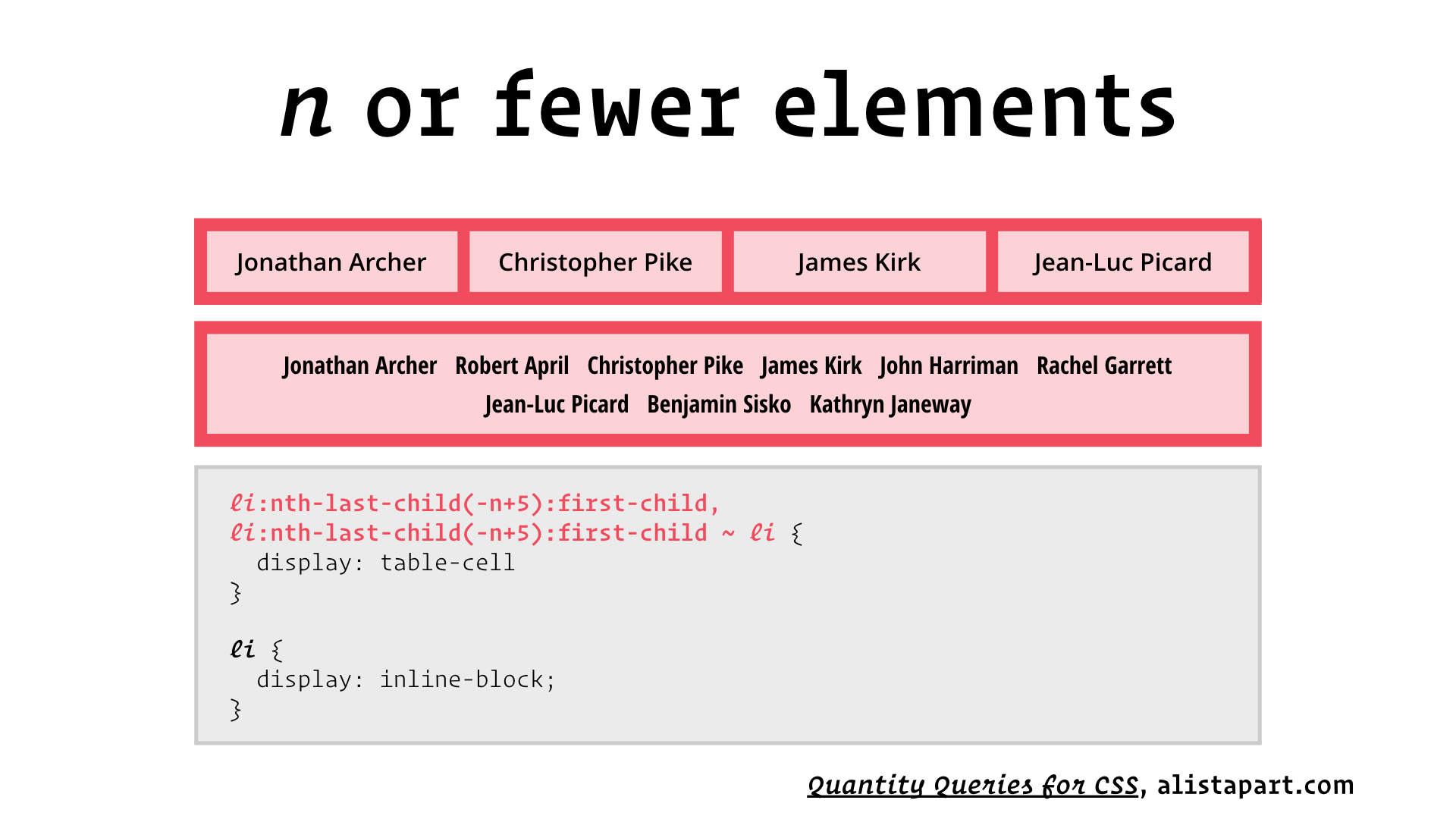 slide: n or fewer elements li:nth-last-child(-n+5):first-child, li:nth-last-child(-n+5):first-child ~ li