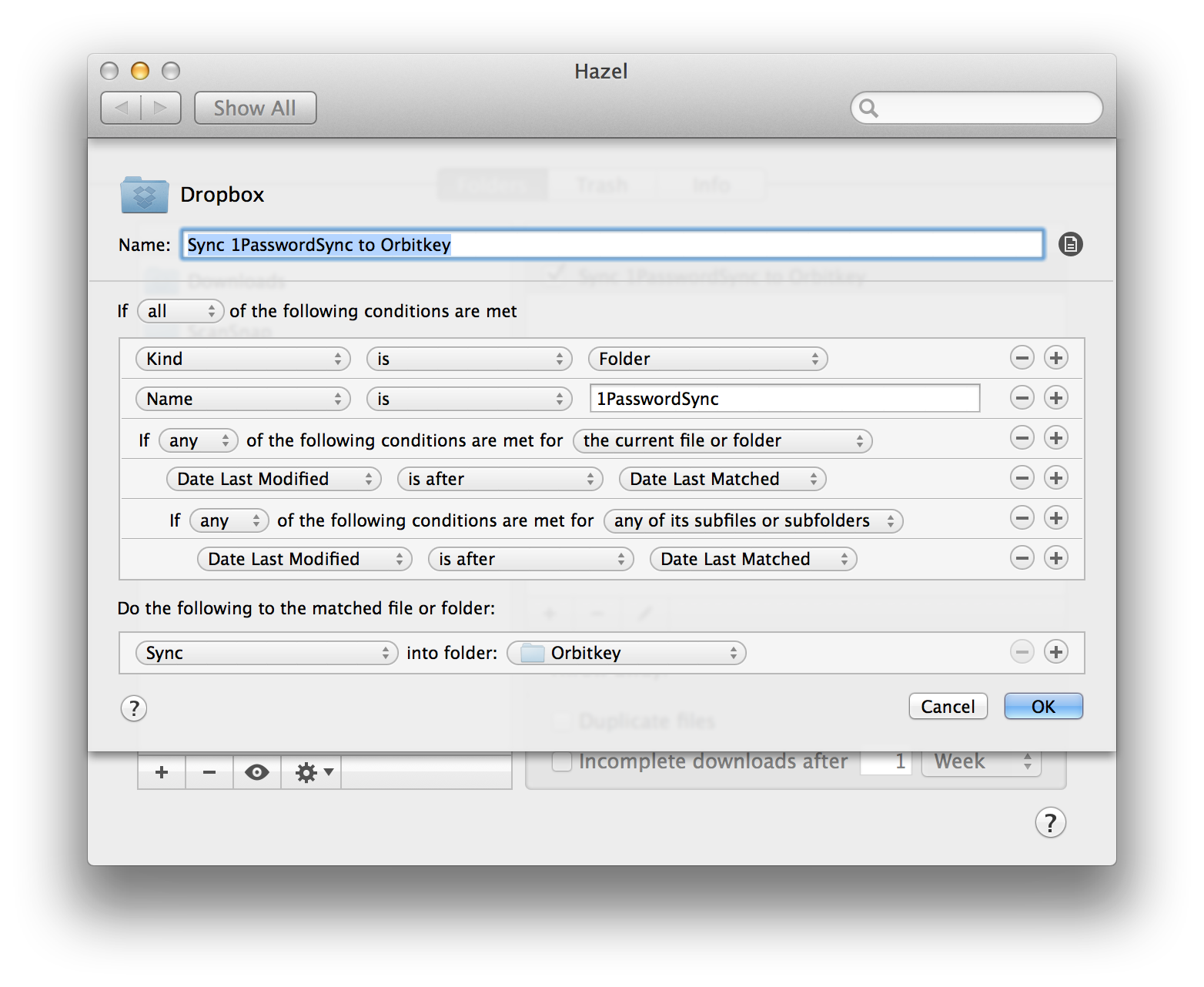 Hazel is configured with a rule to monitor my Dropbox folder for files where Kind is Folder, Name is 1PasswordSync, and any of the following conditions are met for the current file or folder: Date Last Modified is after Date Last Matched, or any of the following conditions are met for any of its subfiles or subfolders: Date Last Modified is after Date Last Matched. The rule action is set to Sync into folder: Orbitkey