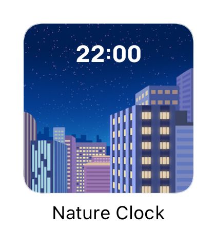 Screenshot of an iPhone Home Screen widget displaying the current time over a cityscape, with the caption “Nature Clock”