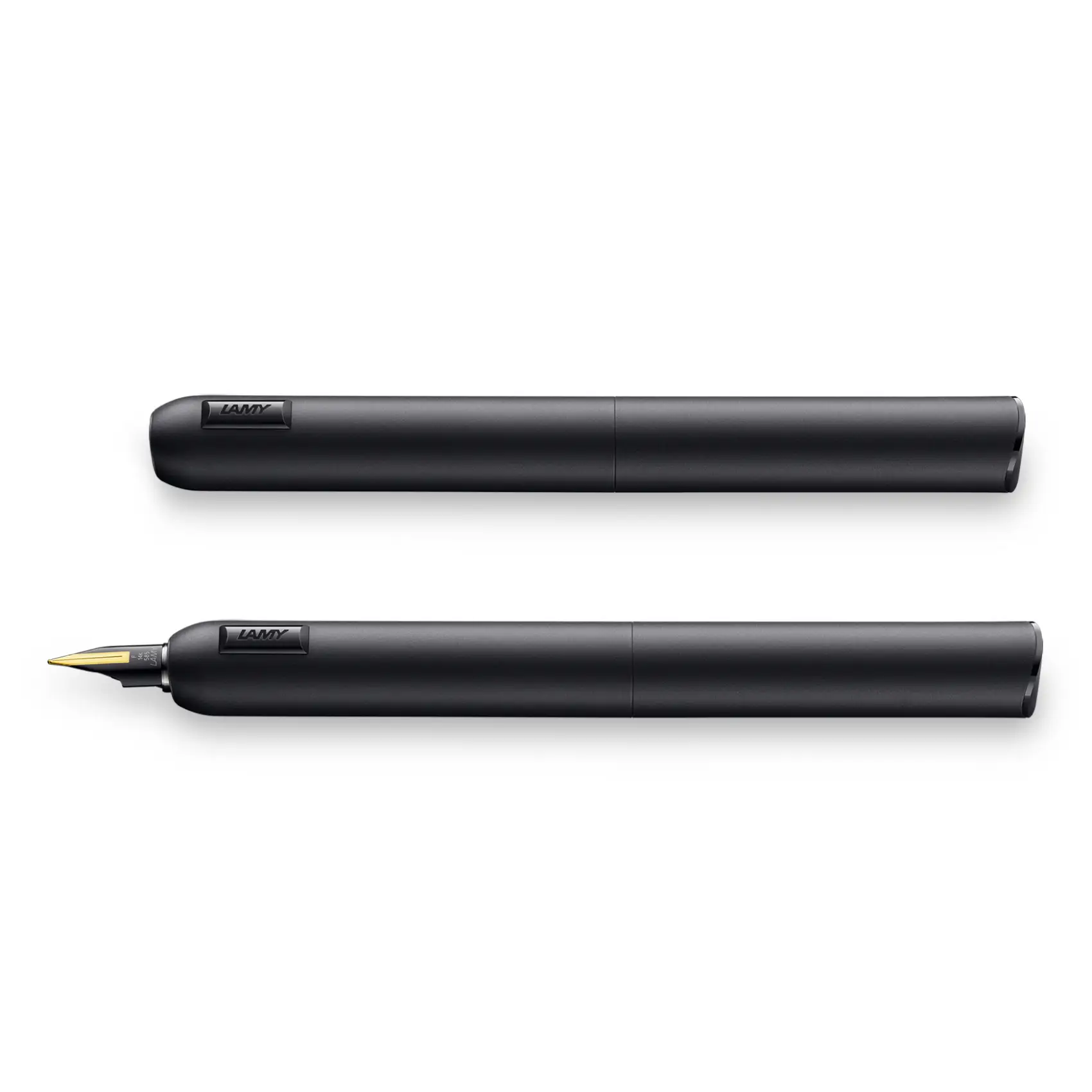 Product photo of the Lamy dialog cc All Black fountain pen, with the nib retracted and extended