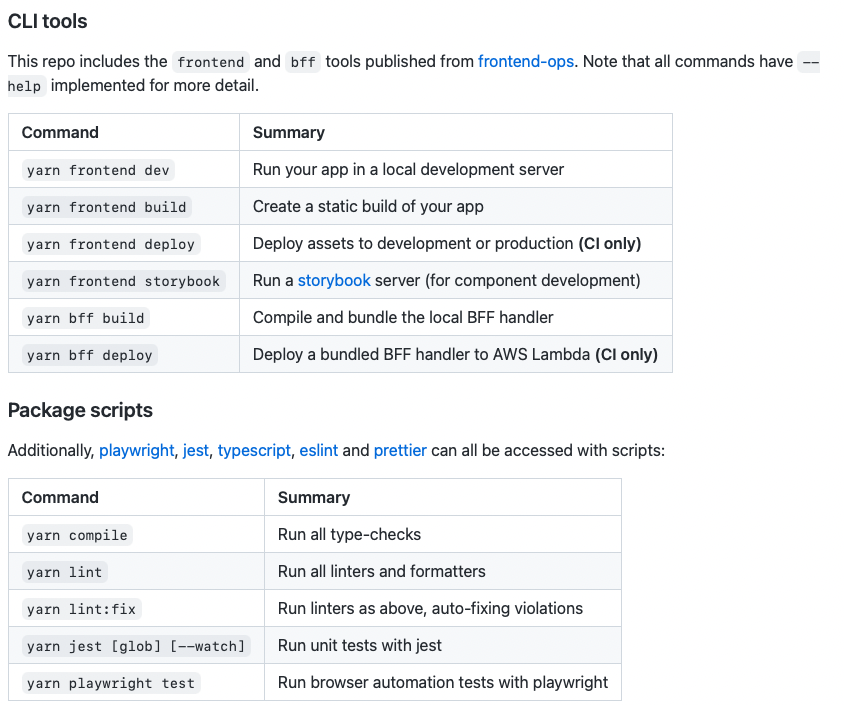 screenshot listing yarn commands to run a local development server, create a static build, deploy to production, run a Storybook server, and run tools like TypeScript, eslint, Jest, Prettier and Playwright