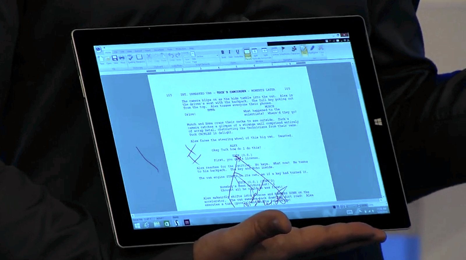 In landscape mode, the handwritten notes have shifted position, and no longer line up with the parts of the script they refer to.