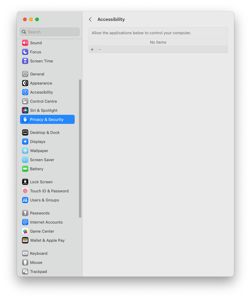screenshot of macOS Privacy & Security settings, with the Accessibility list showing No Items