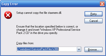 Copy Error: Setup cannot copy the file staxmem.dll.